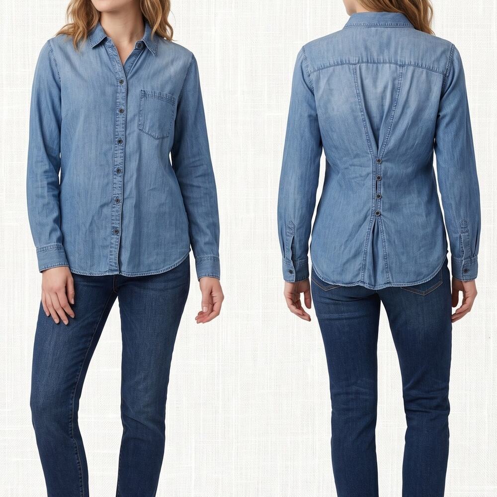 BLL BeachLunchLounge XS Blue Chambray Button Front Top Pleated Back Buttons
